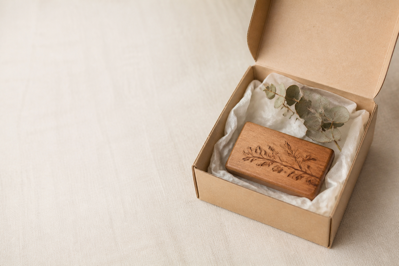 An open kraft gift box with tissue paper holding a small engraved wooden keepsake and dried eucalyptus on ivory linen